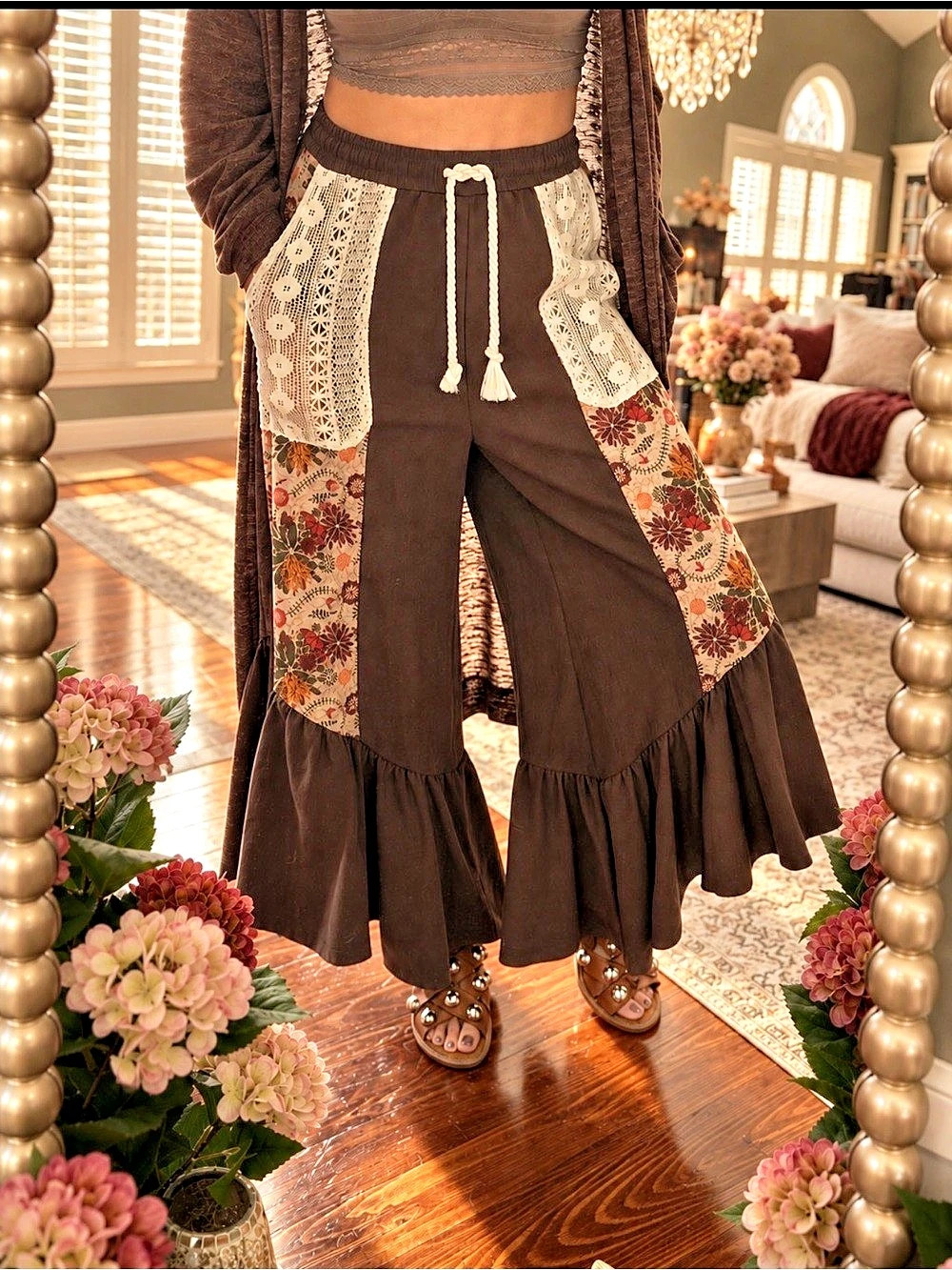 Floral Wide Leg Pants in Brown & Cream